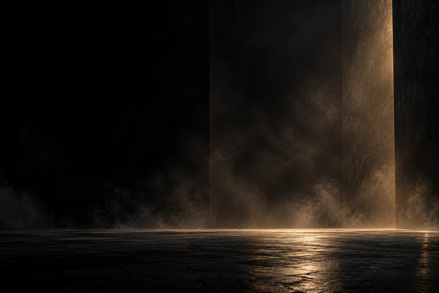 A dark stone chamber and an illuminated circular doorway through a black monolith.